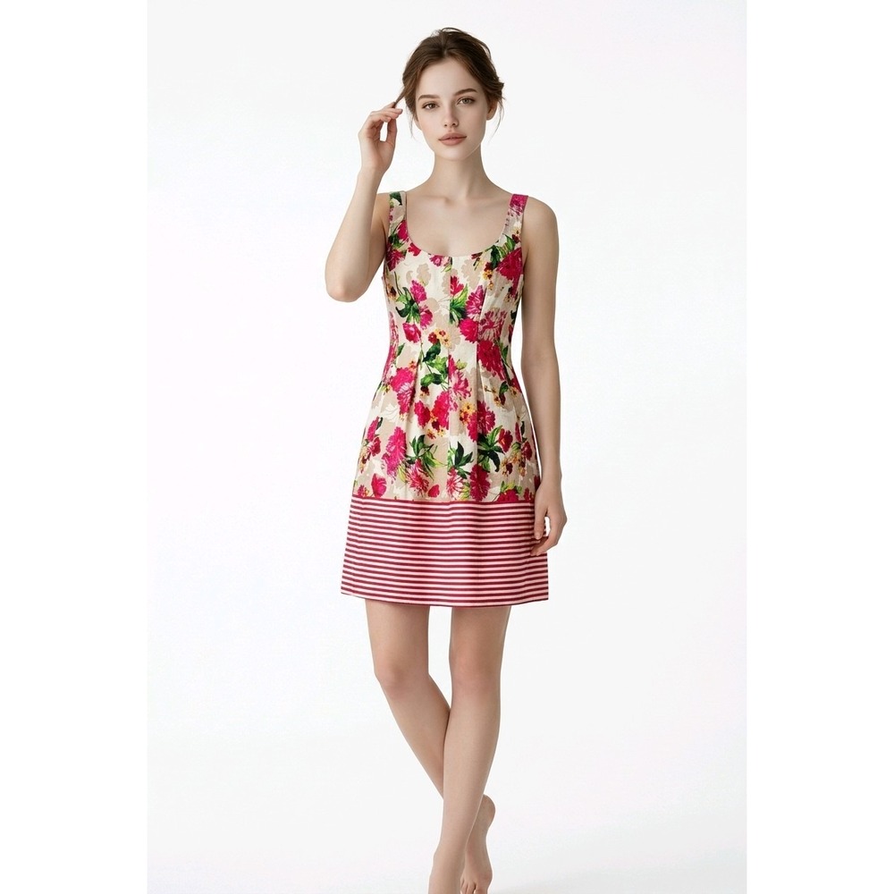 Nine West Sz 4 Cotton Sleeveless Floral Striped Fit Flare Lined Dress Pockets